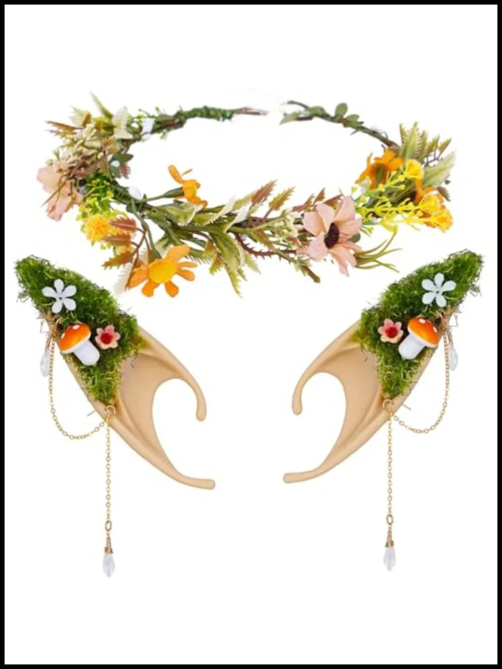 Handcrafted Mushroom Elf Ears with Floral Crown - Fairy Cosplay Headpiece for